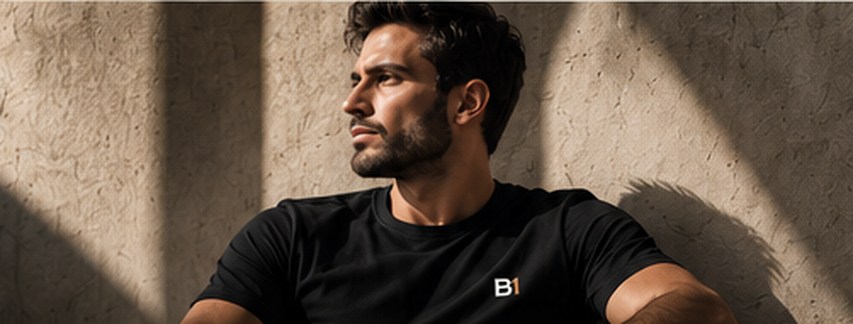 Modelo com camiseta preta Base One, imagem ilustrativa